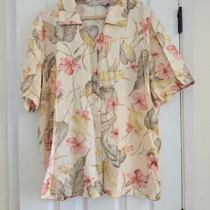 Alfred Dunner Womens Short Sleeve Floral Pink Tan Green Button Up Shirt Size 18W